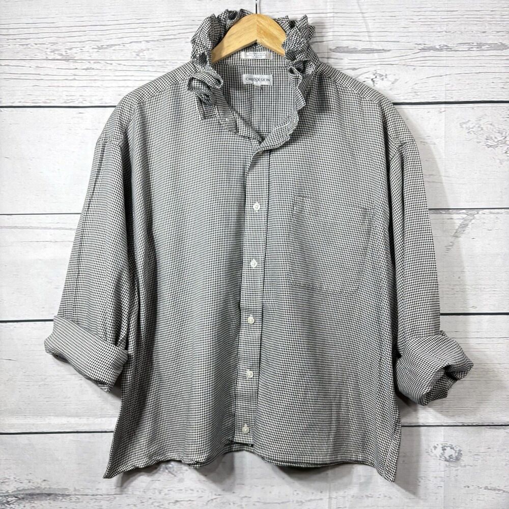 Ruffle Collar Button up Blouse Reworked Upcycle Houndstooth Check XL or XXL Wmns